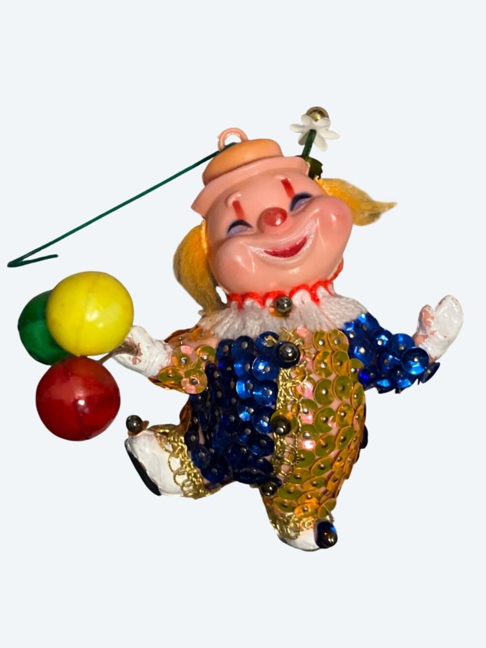 Vintage Sequin Clown Ornament With Balloons and Flower Hat  Multicolor Figurine